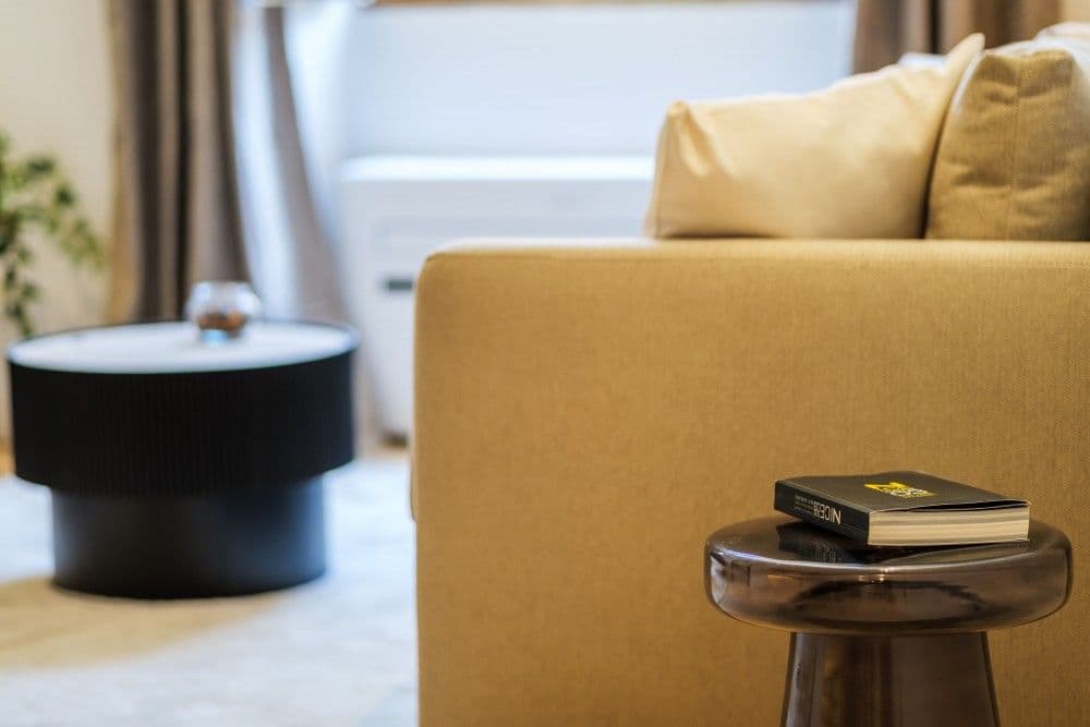 Detail of the living room with sofa and side table, 2-bedroom apartment in the Old Town, Nice