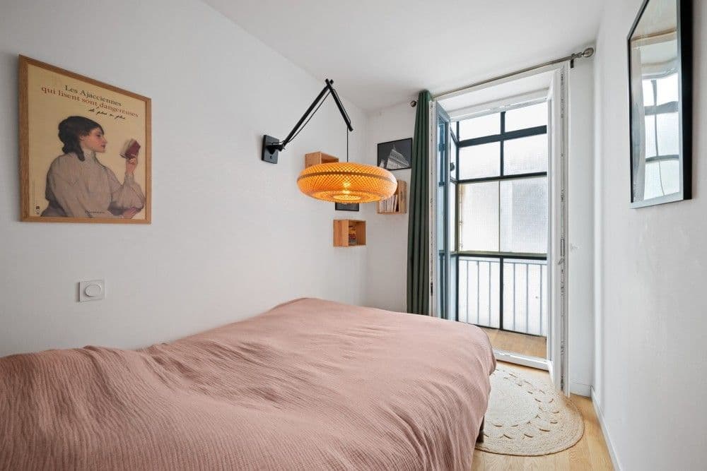 Bedroom with French window and rattan pendant light, 1-bedroom apartment in the Port, Nice