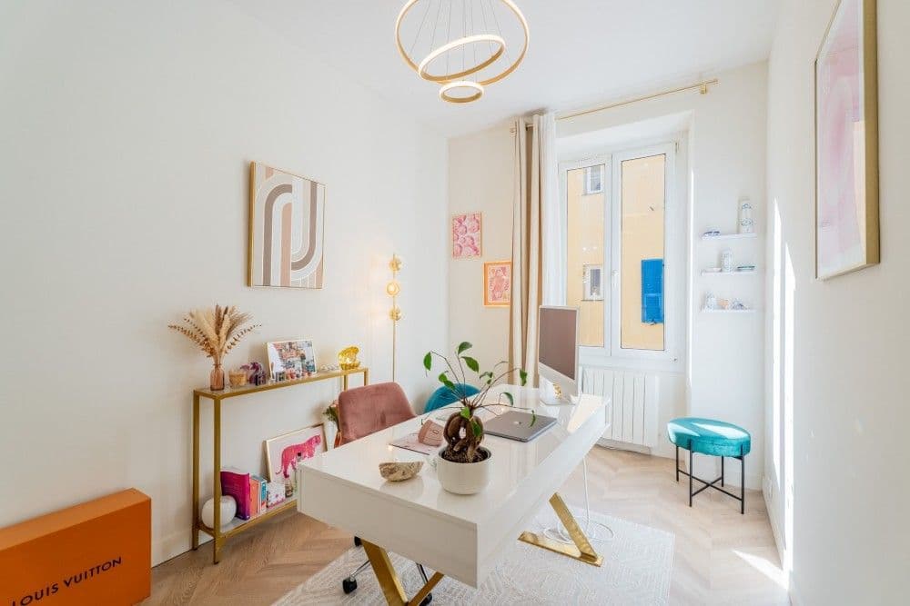 Study with desk, shelving and French window, 3-bedroom apartment in the Port, Nice