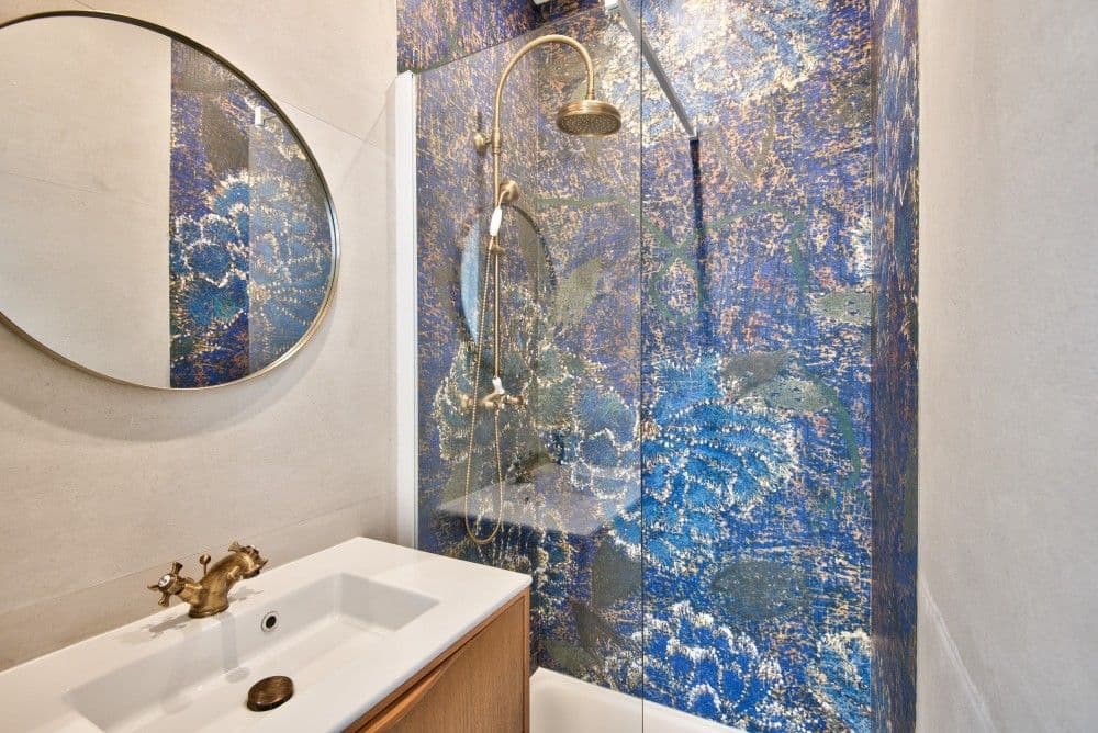 Bathroom with blue mosaic shower and brass fittings, 4-bedroom villa in Mont Boron, Nice