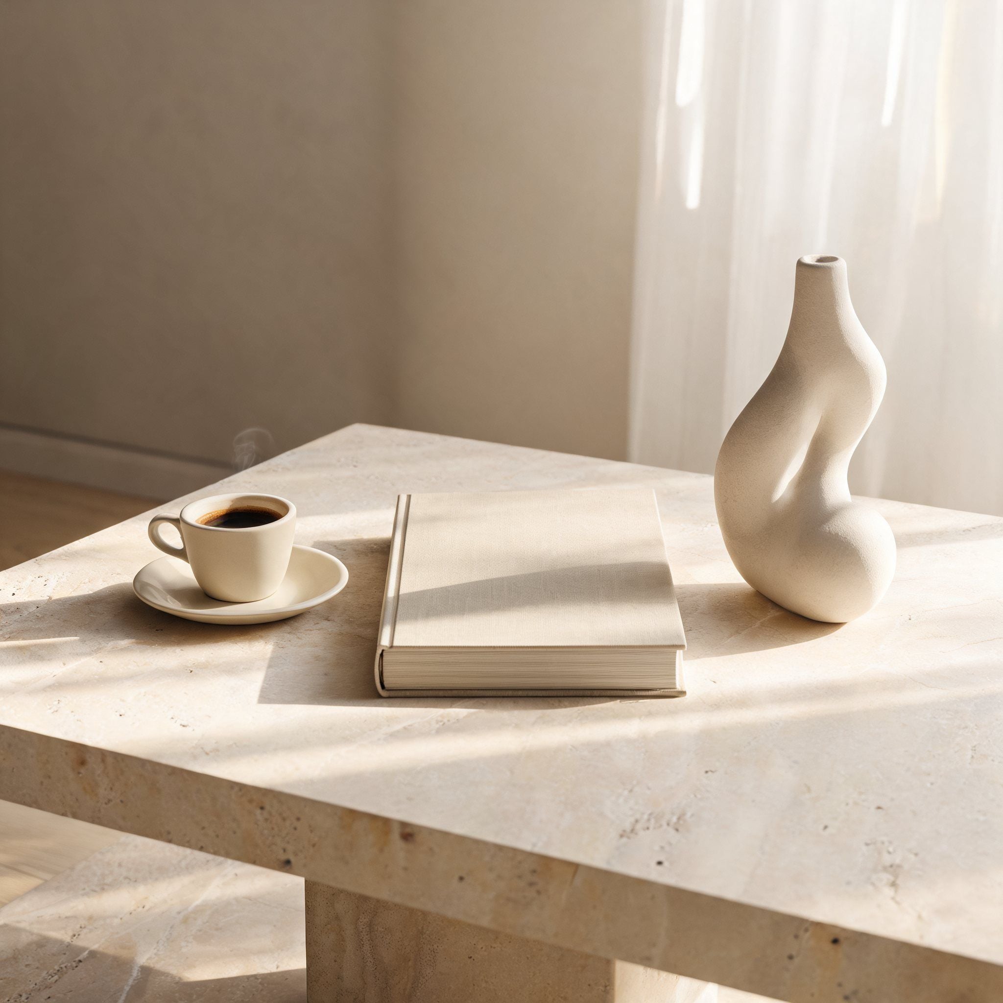 A cup of coffee, a book and a vase on a travertine table in soft light