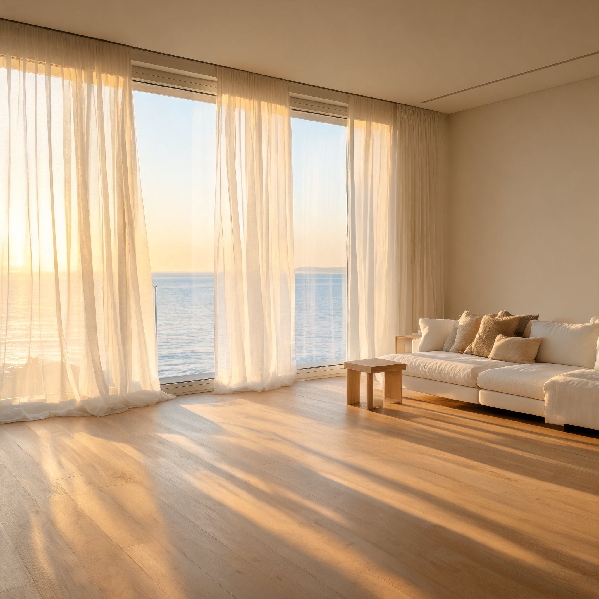 A living room at sunset, light through long linen curtains, the sea beyond