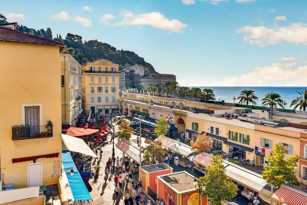Cours Saleya market and the sea seen from above in the Old Town of Nice
