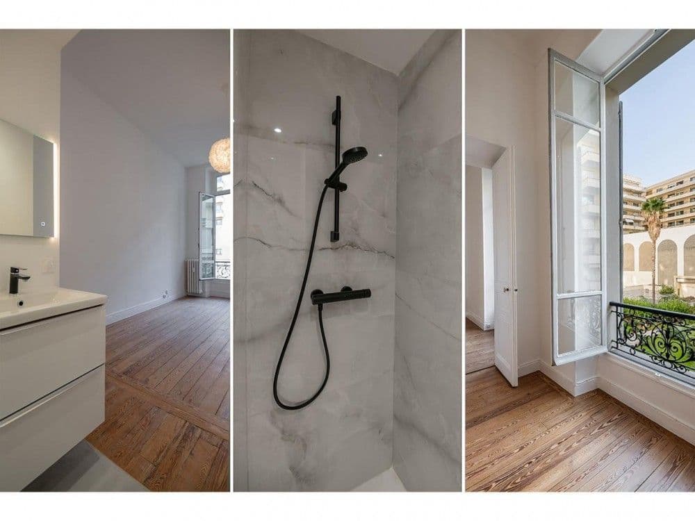 Shower room and bedroom with French window, 3-bedroom apartment in the Carré d’Or, Nice