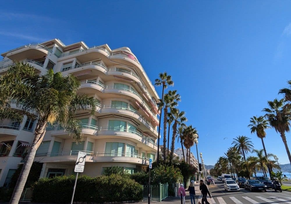 Residence with curved balconies among palm trees near the seafront, 2-bedroom apartment in the Promenade des Anglais, Nice
