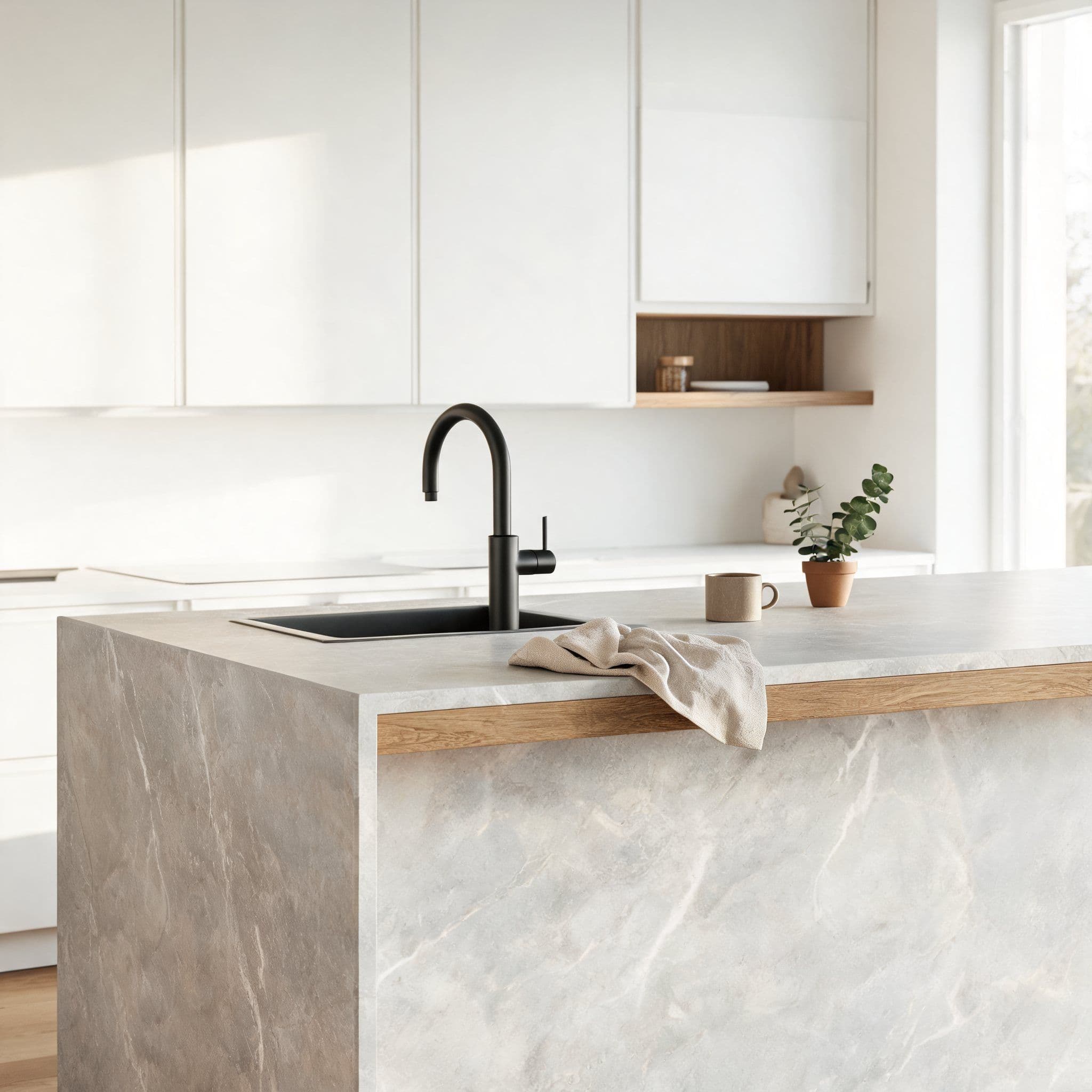 A white kitchen with a marble island and a black tap