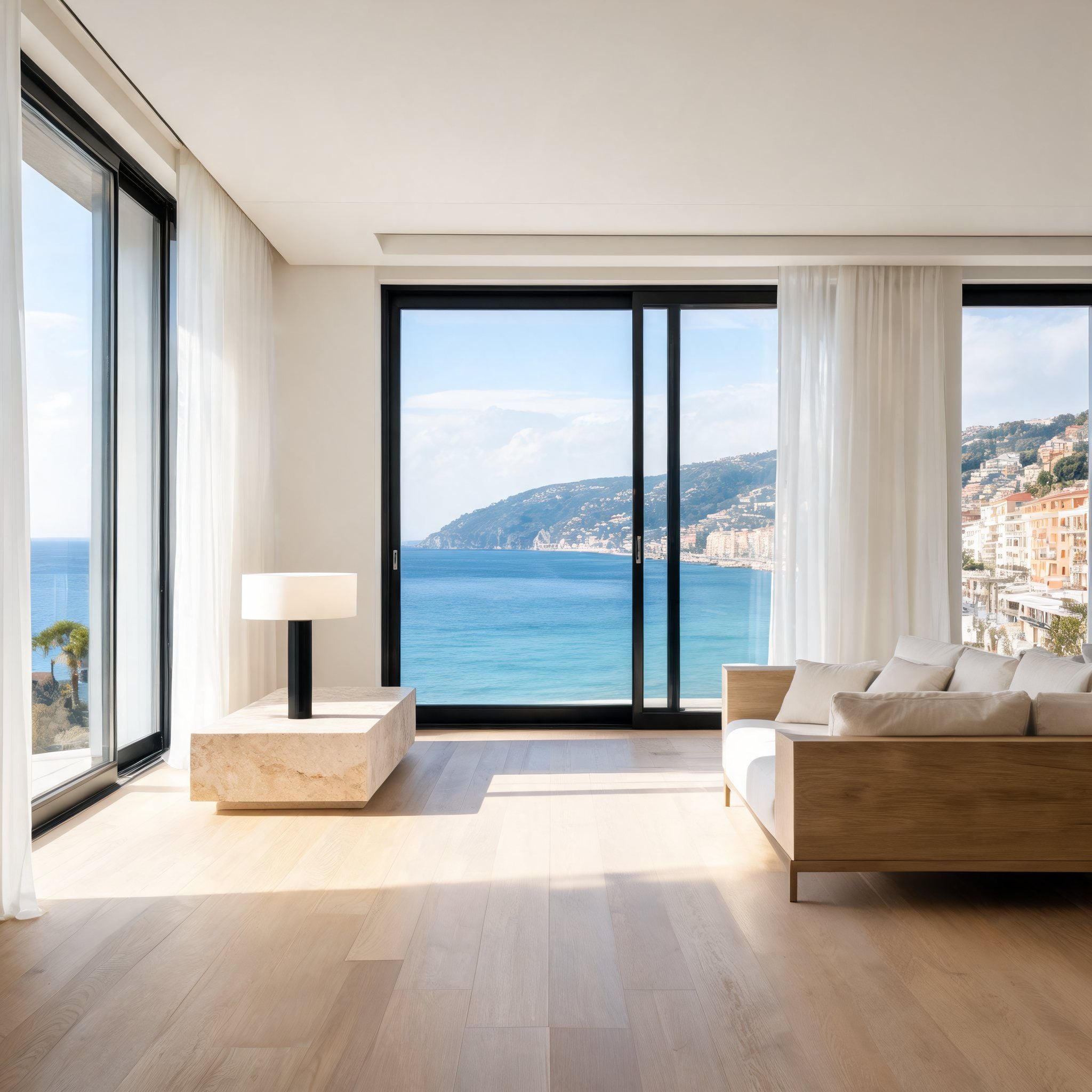 A living room with floor-to-ceiling windows looking over a bay and a town on its hillside