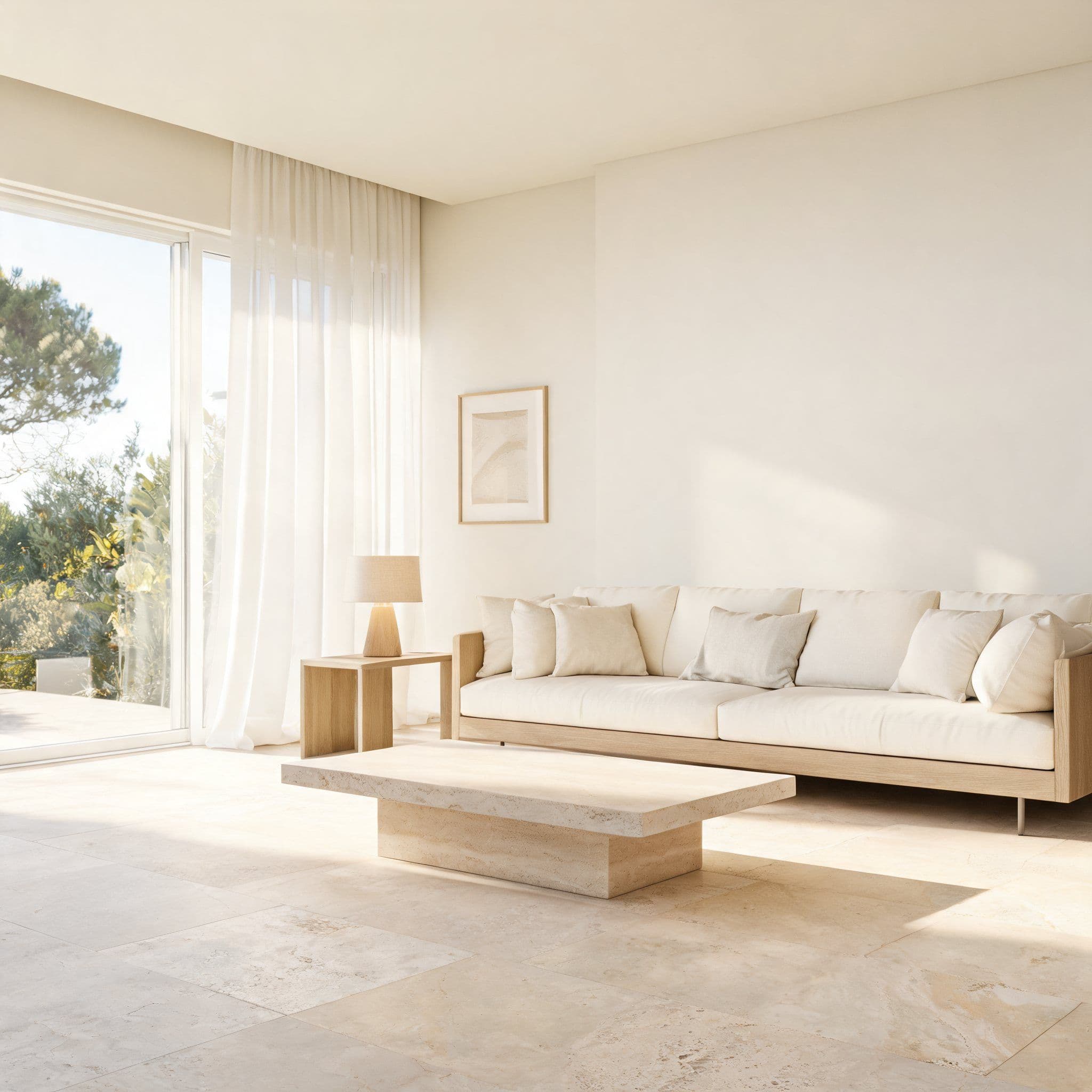 A bright living room with a pale sofa and a travertine table, sunlight through linen curtains
