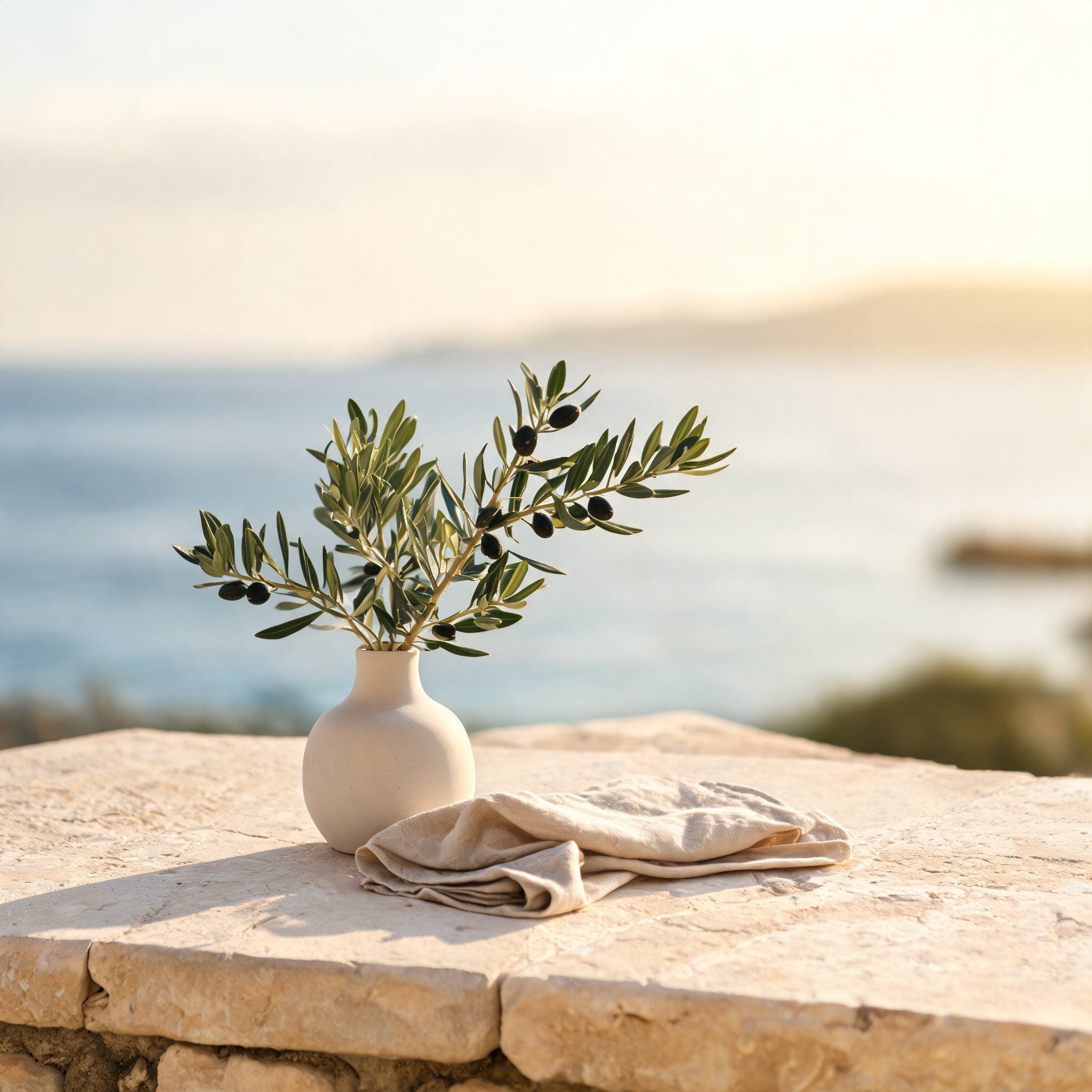Olive branches in a vase on a stone wall, the sea behind