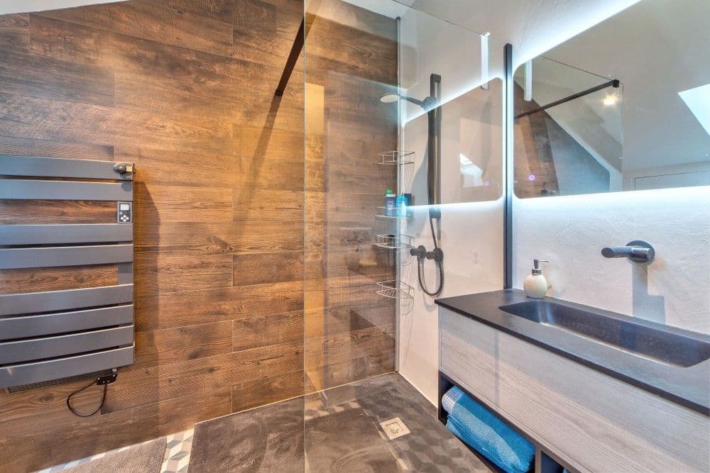 En-suite shower room with wood-effect tiles and walk-in shower, 2-bedroom apartment in the Port, Nice
