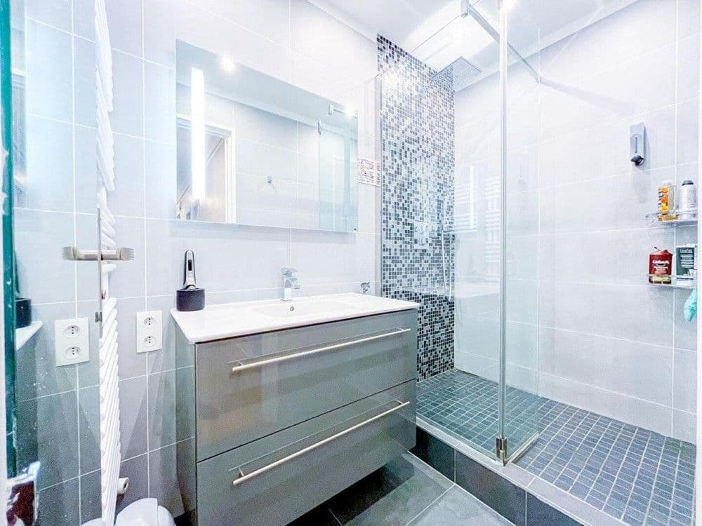 Shower room with mosaic tiles and glass enclosure, 2-bedroom apartment in central Nice