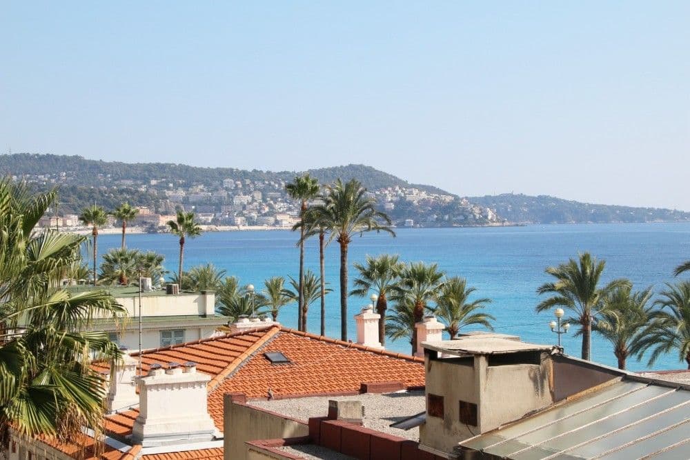 View over palm trees and rooftops to the sea and Cap de Nice, 2-bedroom apartment in the Promenade des Anglais, Nice