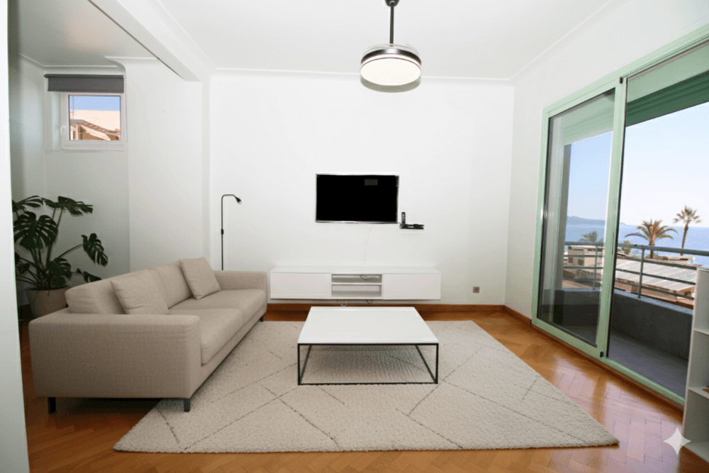 Living room with sliding doors to the balcony and parquet floor, 2-bedroom apartment in the Promenade des Anglais, Nice