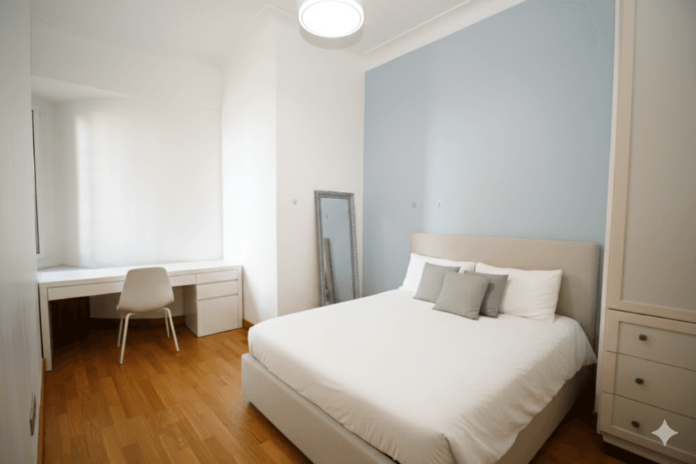 Bedroom with desk and fitted wardrobe, 2-bedroom apartment in the Promenade des Anglais, Nice