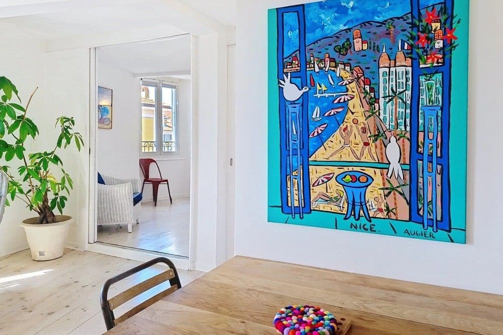 Dining area with large colourful painting of Nice, 2-bedroom apartment in the Port, Nice