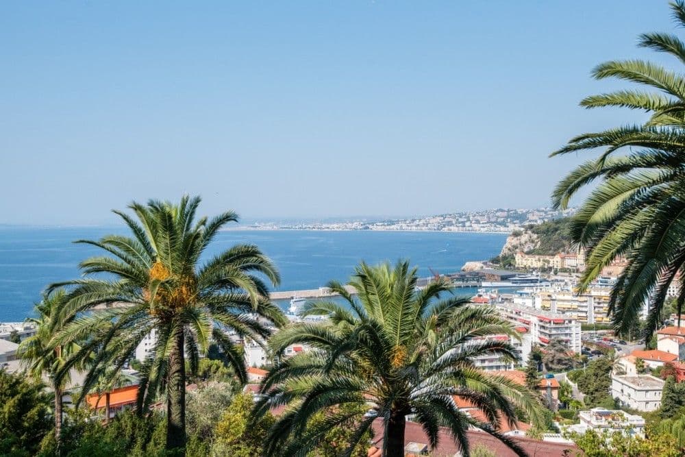 View over palm trees to the Port of Nice and the Baie des Anges, 2-bedroom apartment in Mont Boron, Nice