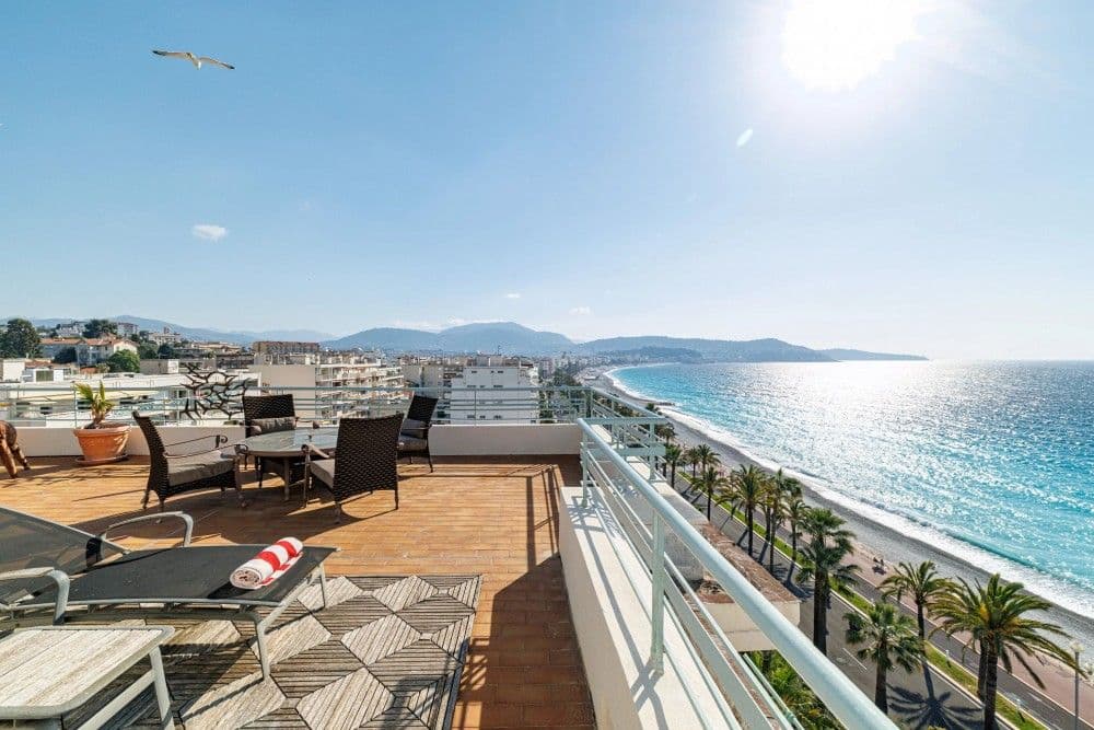 Roof terrace with sun loungers and the Promenade below, 3-bedroom apartment in the Promenade des Anglais, Nice