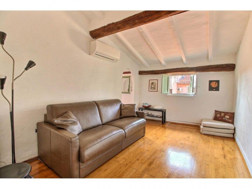 Living room with leather sofa, exposed beams and wooden floor, 2-bedroom apartment in the Old Town, Nice