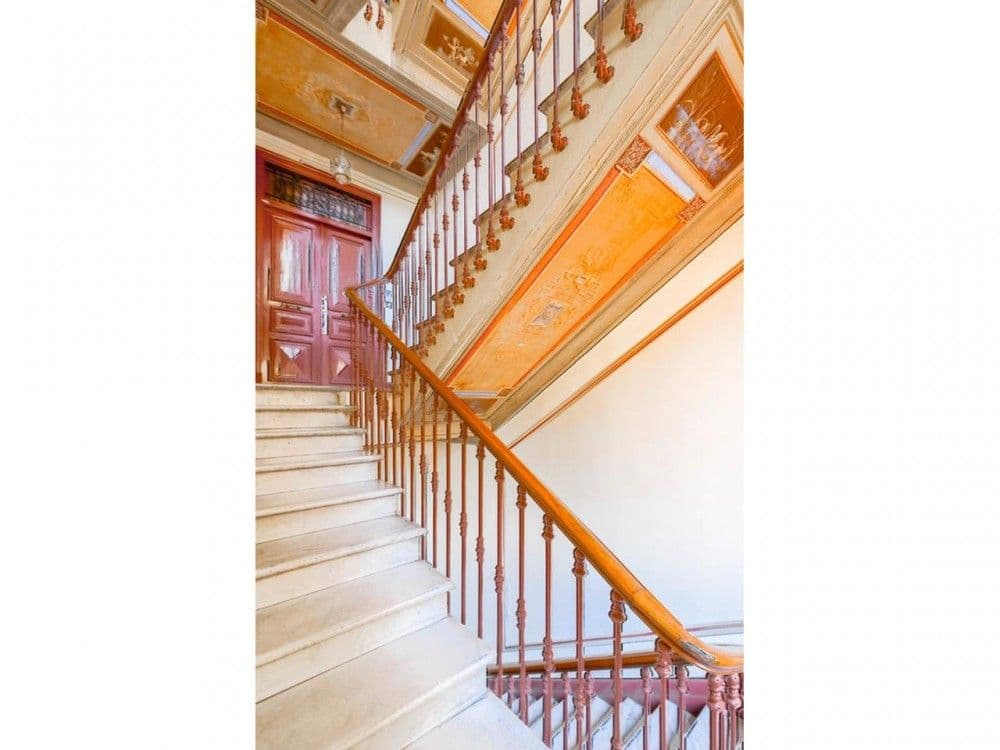 Grand staircase with wooden banister and painted ceilings, 3-bedroom apartment in the Port, Nice