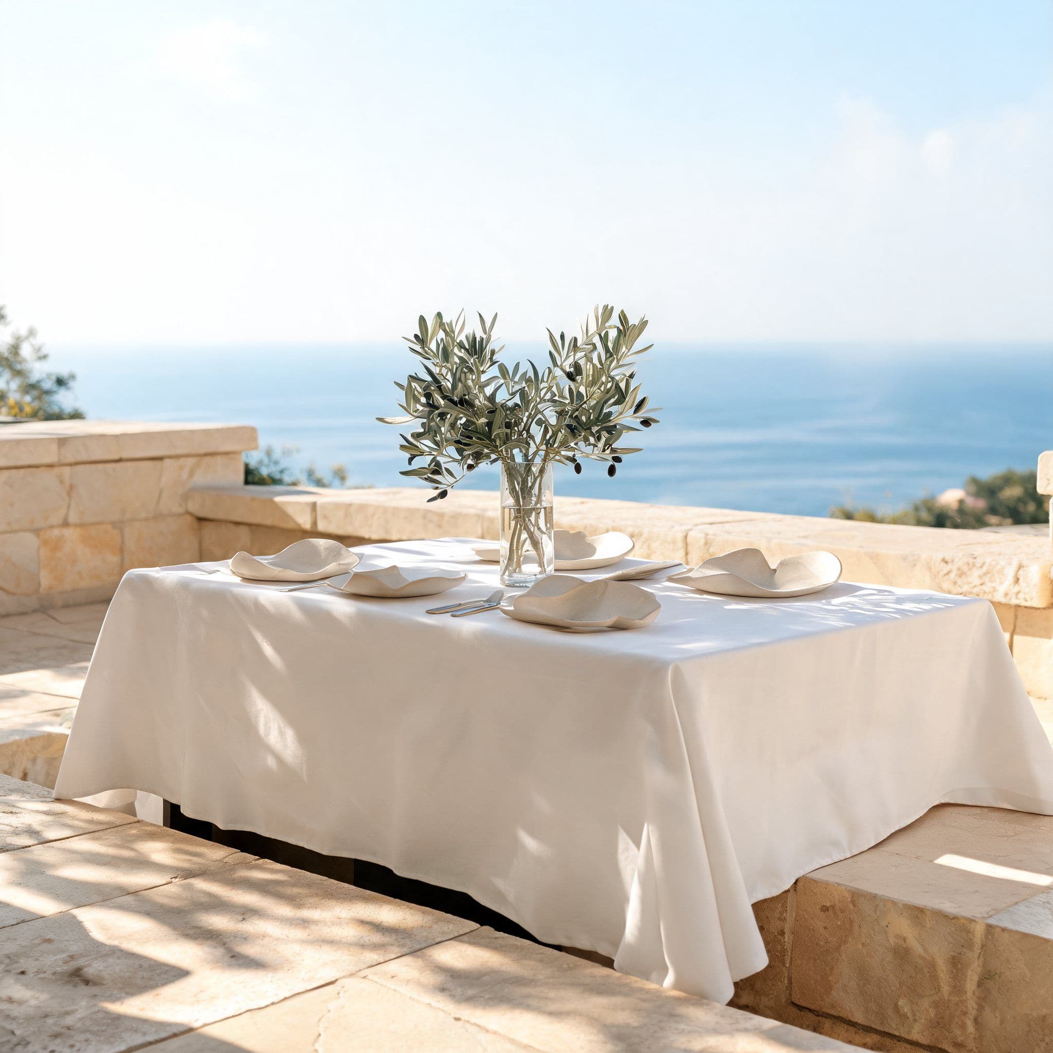 A table laid with white linen on a stone terrace above the sea
