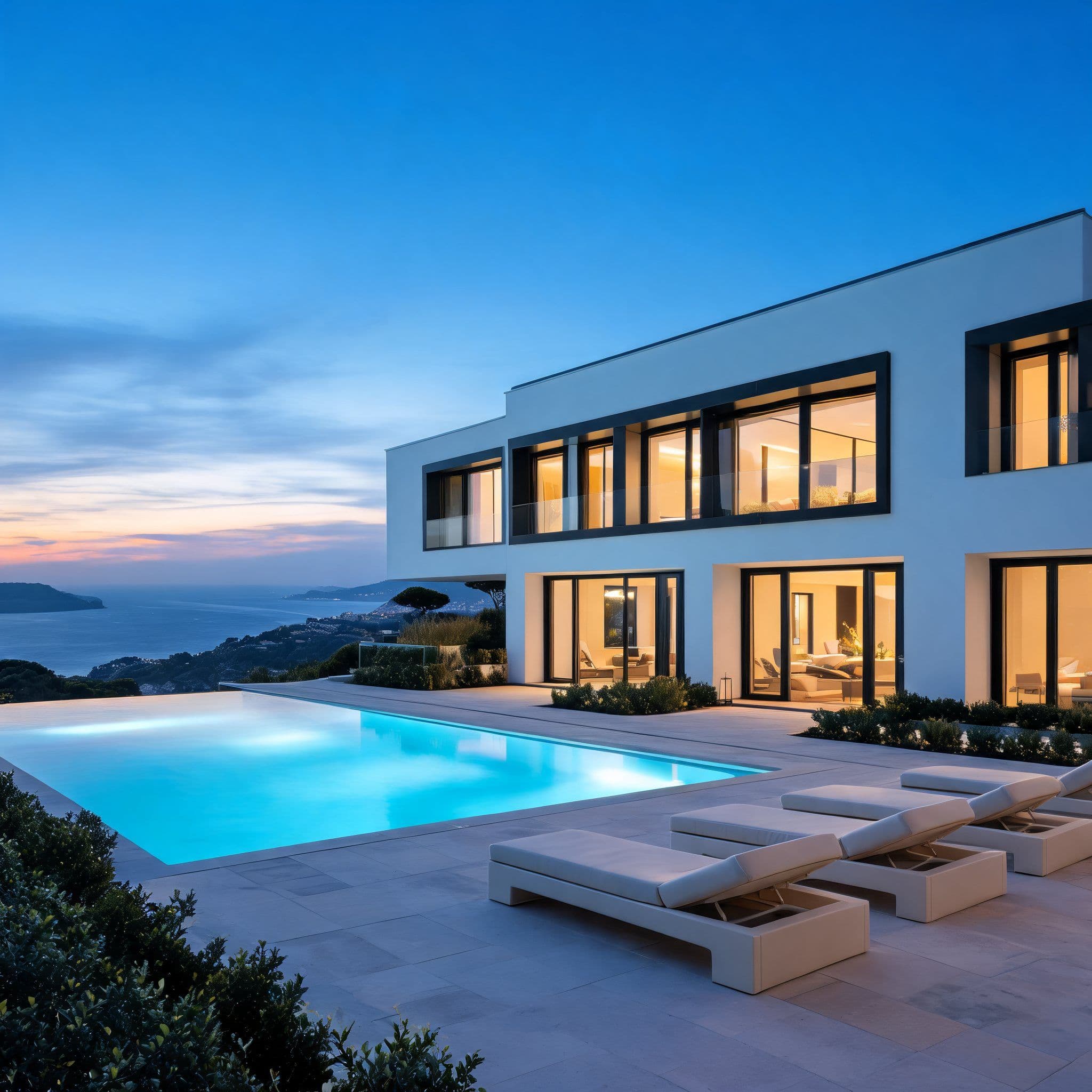 A terrace with a pool and sun loungers in front of a white villa at sunset, above the coast